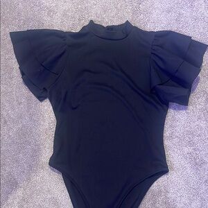 Black Ruffled mock neck bodysuit